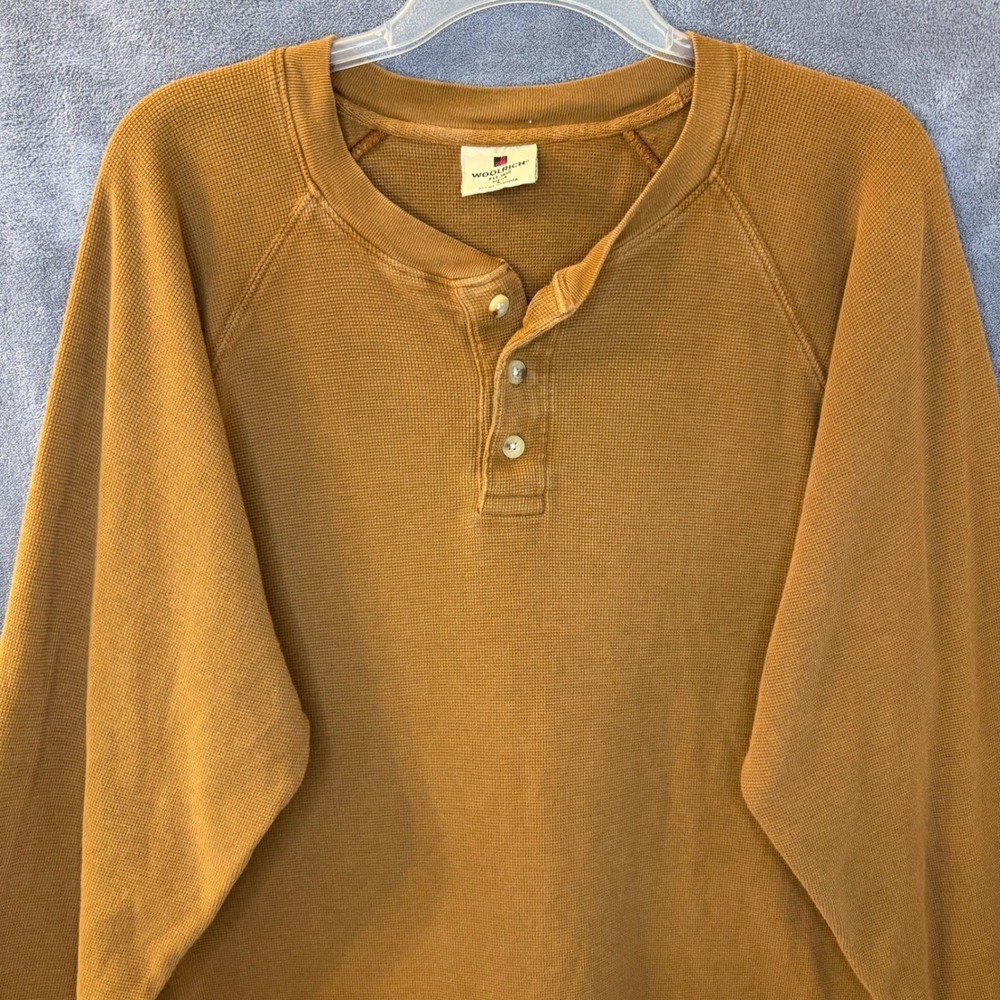 Woolrich Mens L Waffle Knit Henley Shirt Brown Long Sleeve Raglan